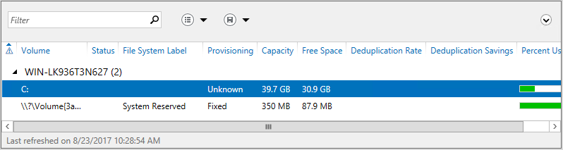 Server Manager showing no volumes with a listed Deduplication Rate or Savings