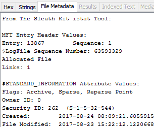 Viewing the File Metadata tab for a  Reparse Point in Autopsy 4.4.0
