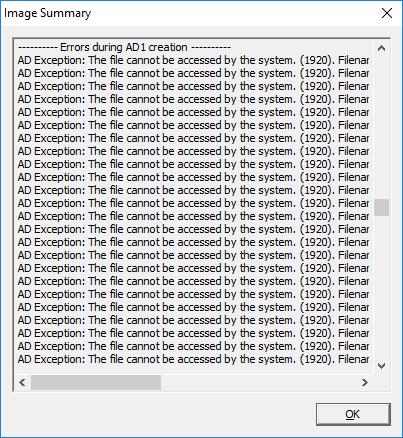 FTK Image Summary with errors