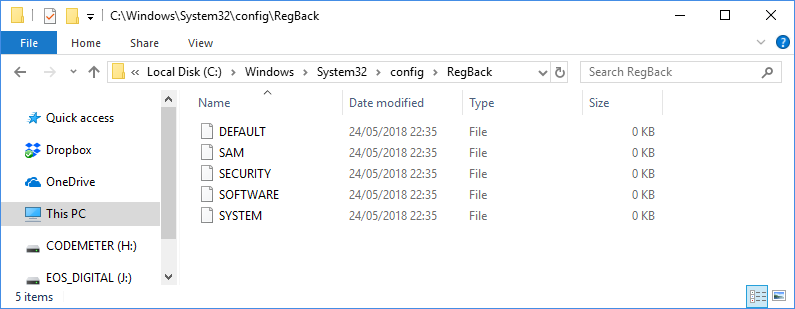 RegBack folder with 0 Byte Hives