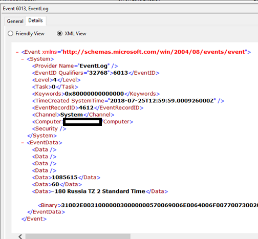 Details tab for Event ID 6013 in the Windows System Log