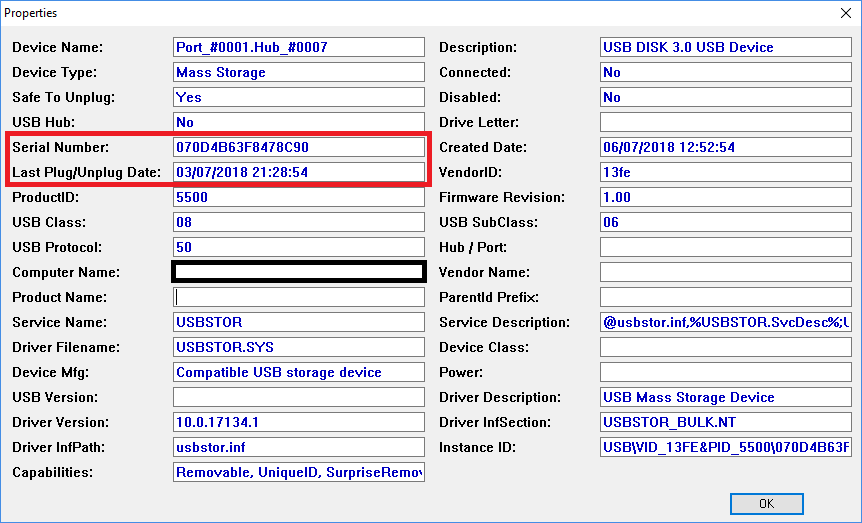 USBDeview displaying details of one USB Mass Storage Device